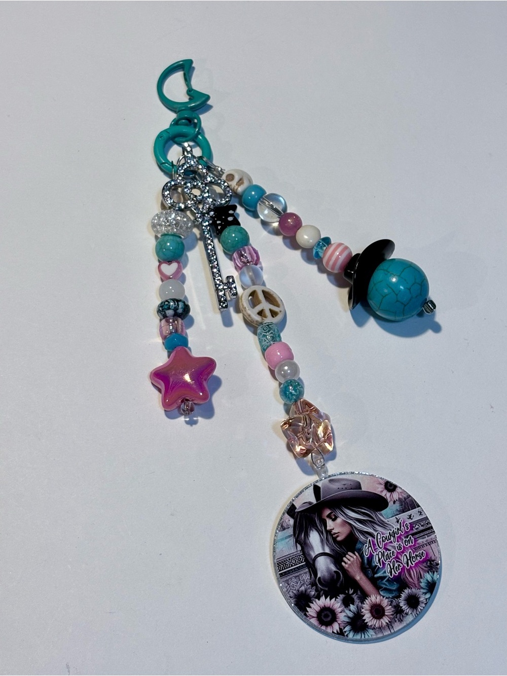 Beaded Cowgirl Bag Charm with Turquoise & Pink Accents